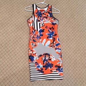 Clover Canyon Orange and Blue Floral Midi Dress